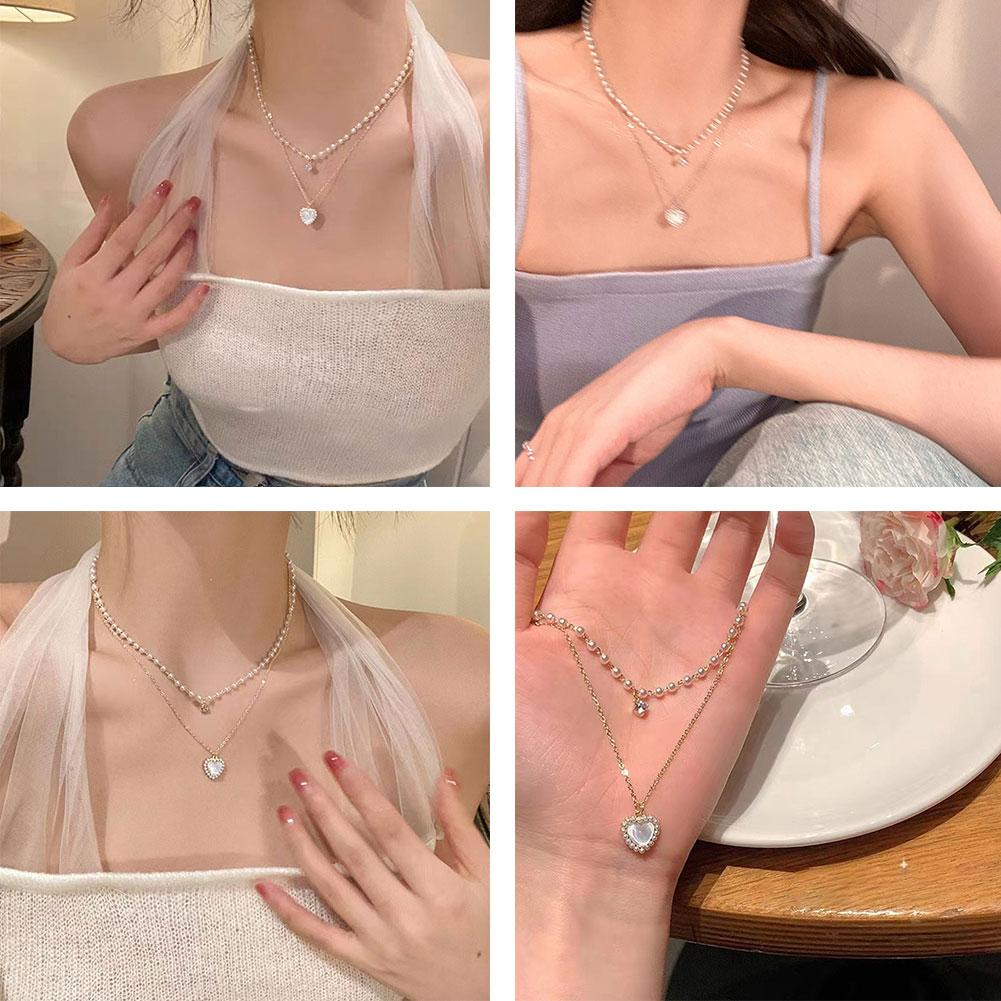 Double Layer Fashion Kpop Heart Pearl Choker Necklace Gift Clavicle Wedding Elegant Pendant