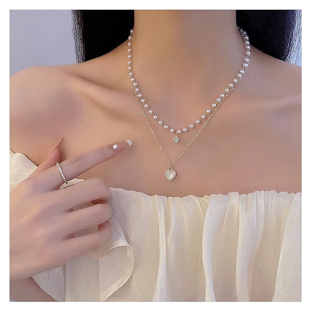 Double Layer Fashion Kpop Heart Pearl Choker Necklace Gift Clavicle Wedding Elegant Pendant