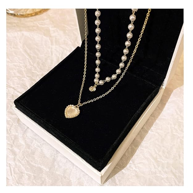Double Layer Fashion Kpop Heart Pearl Choker Necklace Gift Clavicle Wedding Elegant Pendant