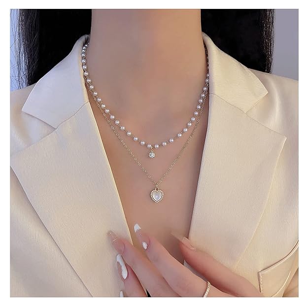 Double Layer Fashion Kpop Heart Pearl Choker Necklace Gift Clavicle Wedding Elegant Pendant