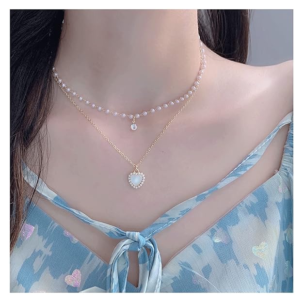 Double Layer Fashion Kpop Heart Pearl Choker Necklace Gift Clavicle Wedding Elegant Pendant