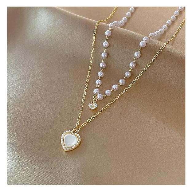 Double Layer Fashion Kpop Heart Pearl Choker Necklace Gift Clavicle Wedding Elegant Pendant