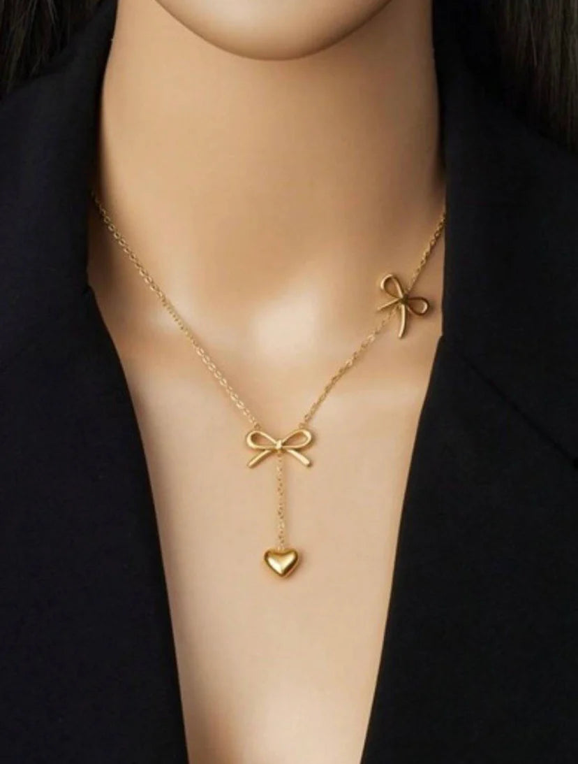 Heart Drop Two Bow Charm Pendant Necklace