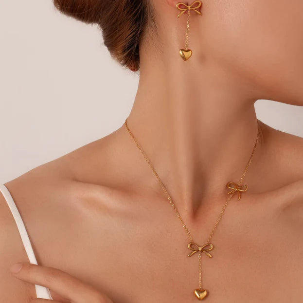 Heart Drop Two Bow Charm Pendant Necklace