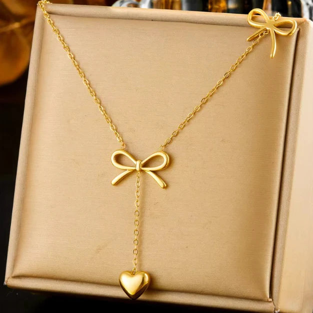 Heart Drop Two Bow Charm Pendant Necklace