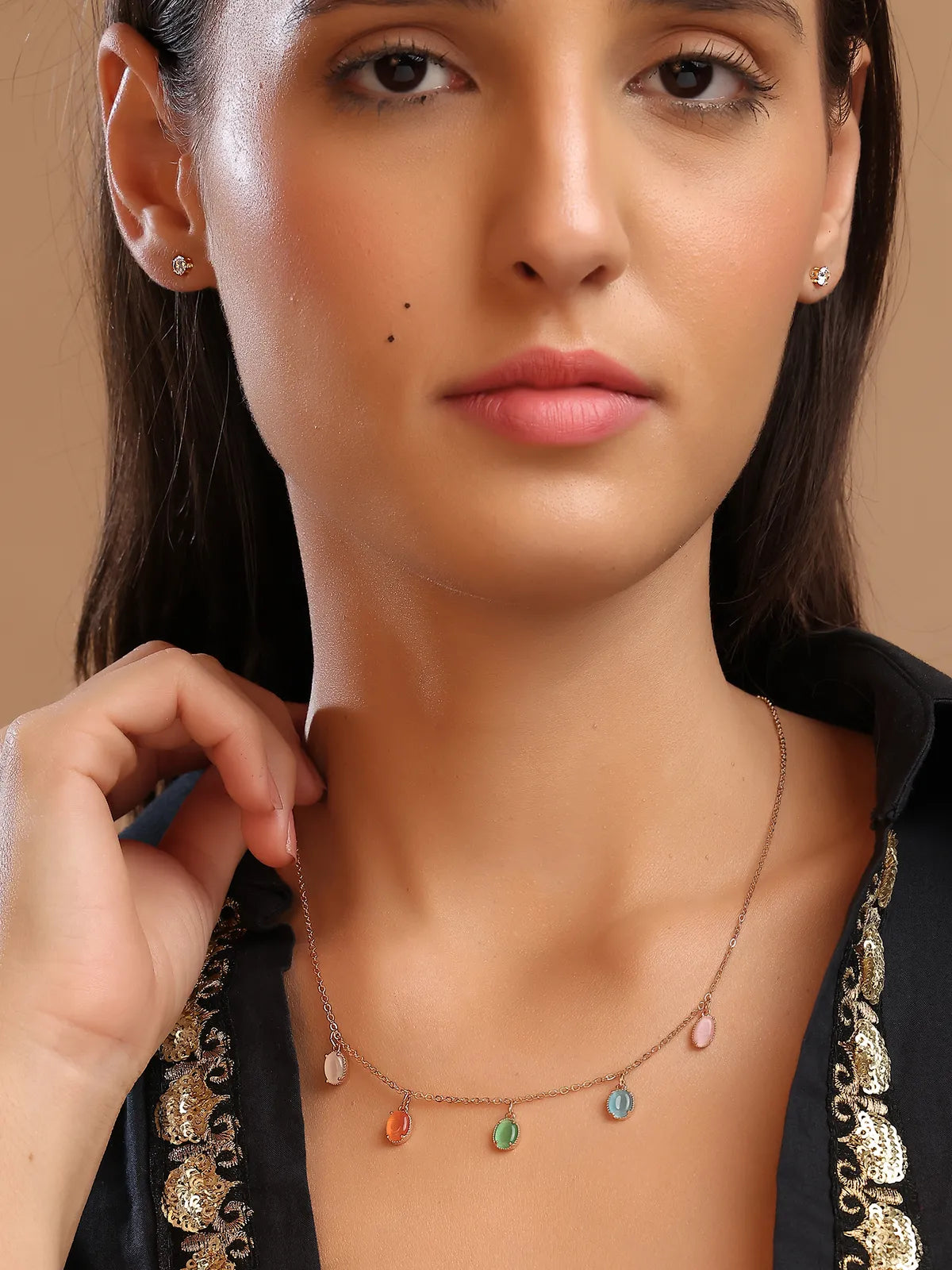 Gold-Tone Necklace with Multicolor Stone Charms & Stud Earrings