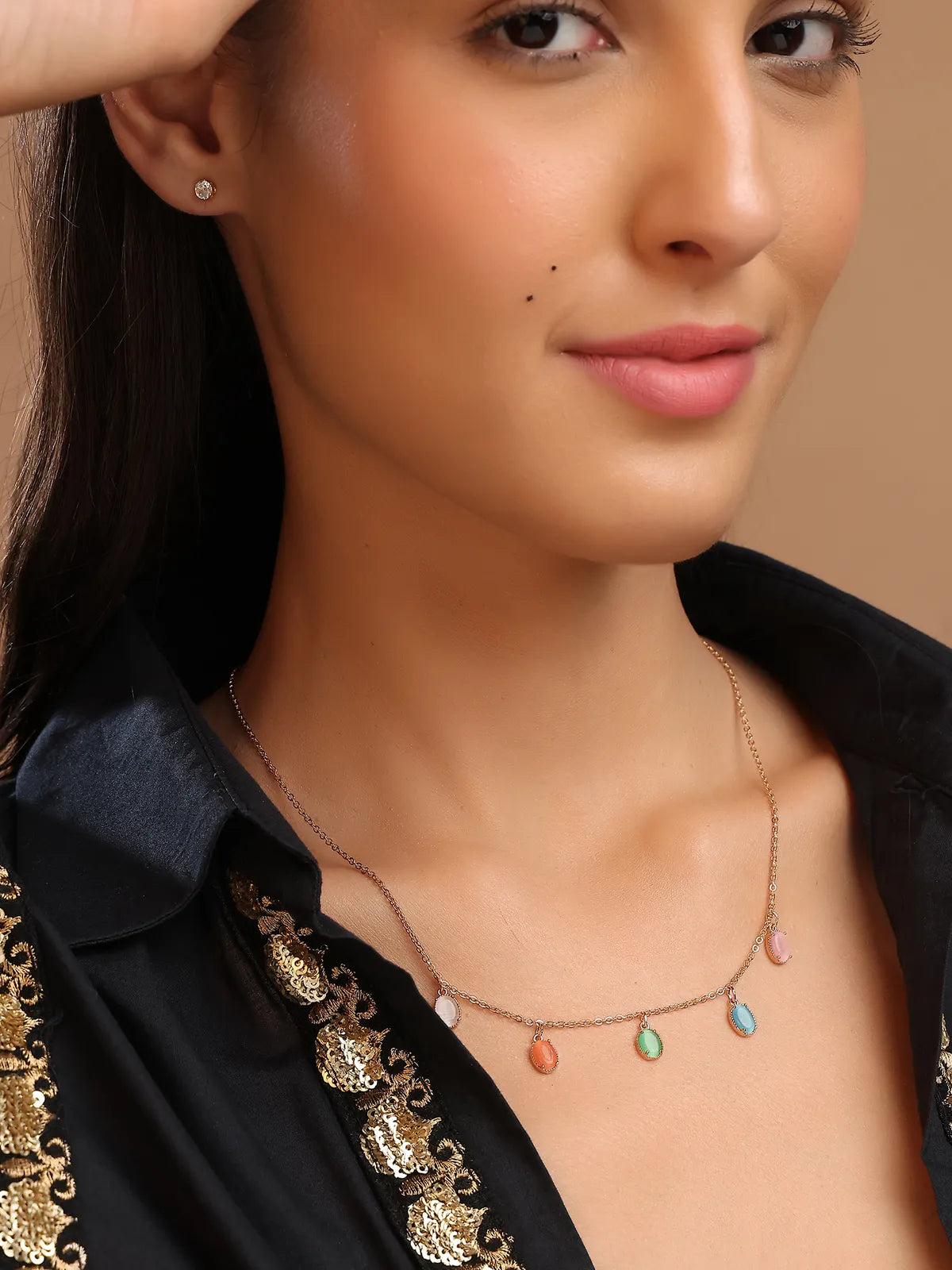 Gold-Tone Necklace with Multicolor Stone Charms & Stud Earrings