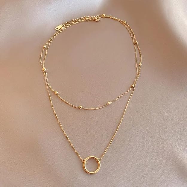 Hollow circle and ball chain layered Necklace