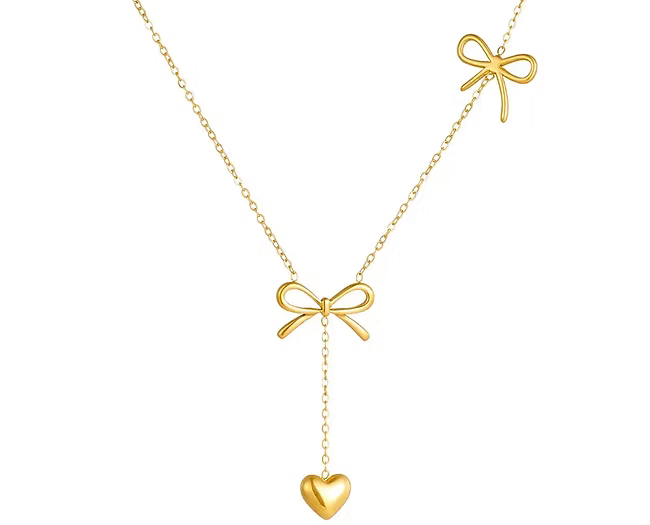 Heart Drop Two Bow Charm Pendant Necklace