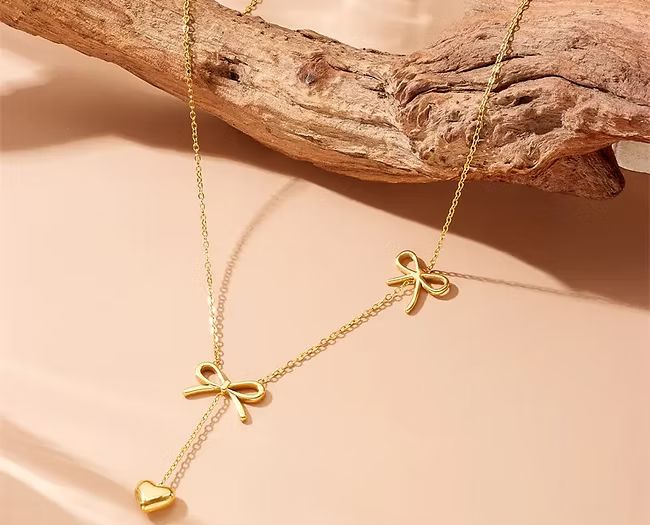 Heart Drop Two Bow Charm Pendant Necklace