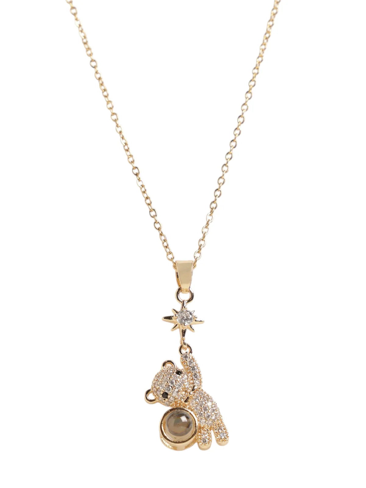 Gold-Tone Teddy Bear Pendant with Star and Crystal Detailing