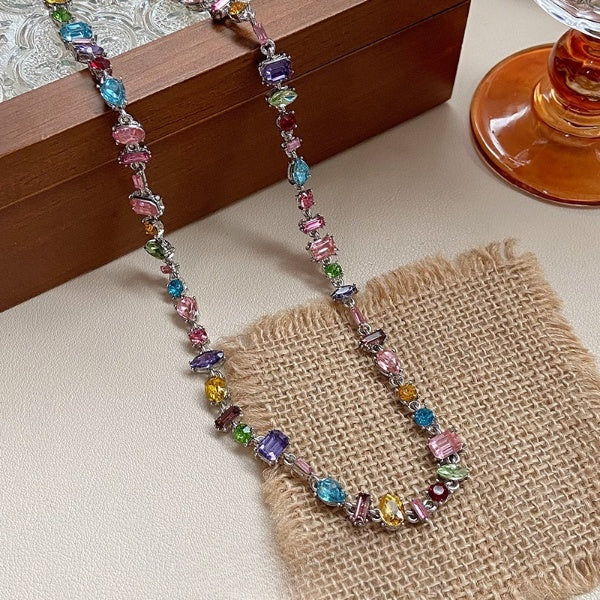 Multi Color Multi Stone Silver Necklace